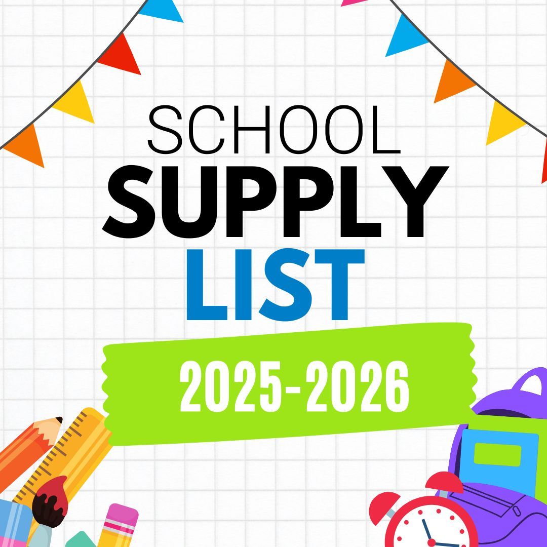  School supply list 2025 2026 image shows pens, pencils, backpack